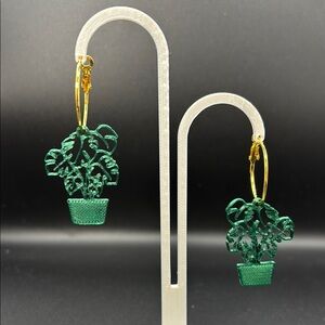 Green Plant Earrings‎ with Gold Hoops